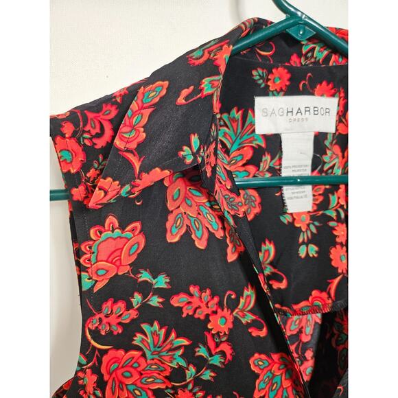 Sag Harbor Black Red Teal Floral Pattern Front Wrap Dress Size 10 - Picture 2 of 14